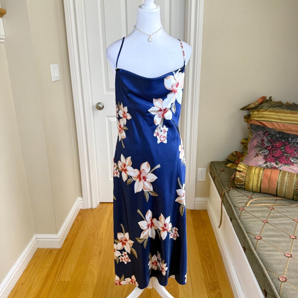 Baltic Born Satin Dress Katarina Slip Midi Blue Floral (M) NWT - Picture 2 of 9